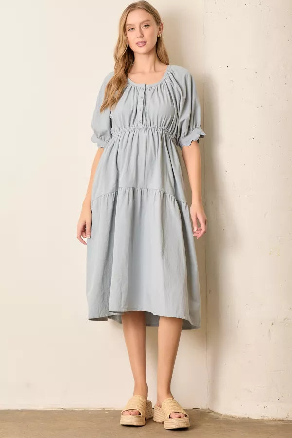 The Parker Tiered Midi Dress in Dusty Blue