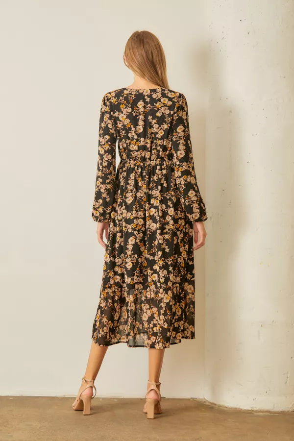 The Penny Floral V-Neck Midi Dress in Black