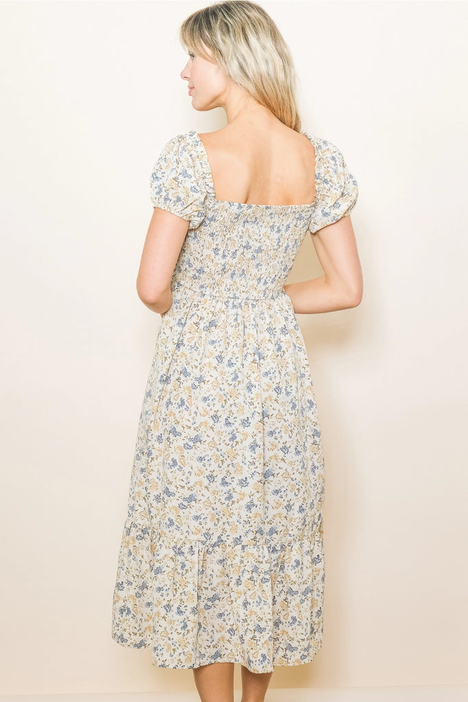The Beth Puff Sleeve Floral Midi Dress in Cream