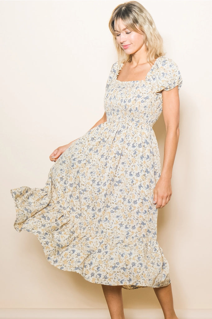 The Beth Puff Sleeve Floral Midi Dress in Cream