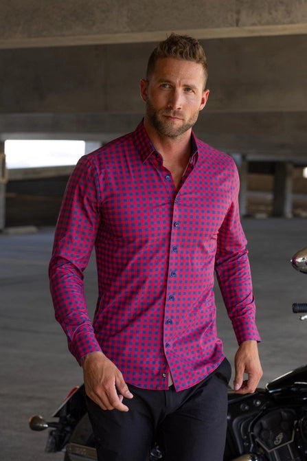 Hustle Men's Sport Shirt - Long Sleeve Slim in Red Navy Gingham