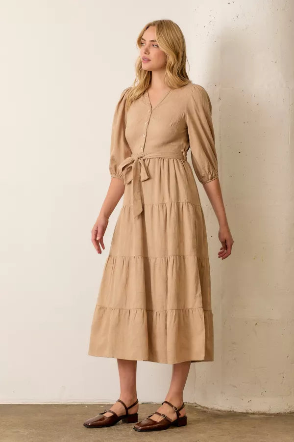 The Renna Button Front Maxi Dress in Taupe