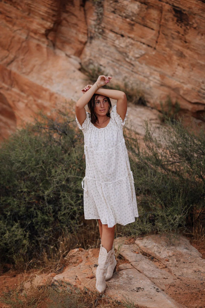 The Reya Midi Floral Dress in Cream