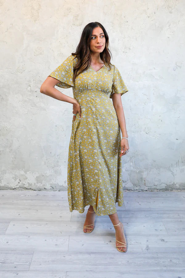 Mustard yellow floral maxi dress online
