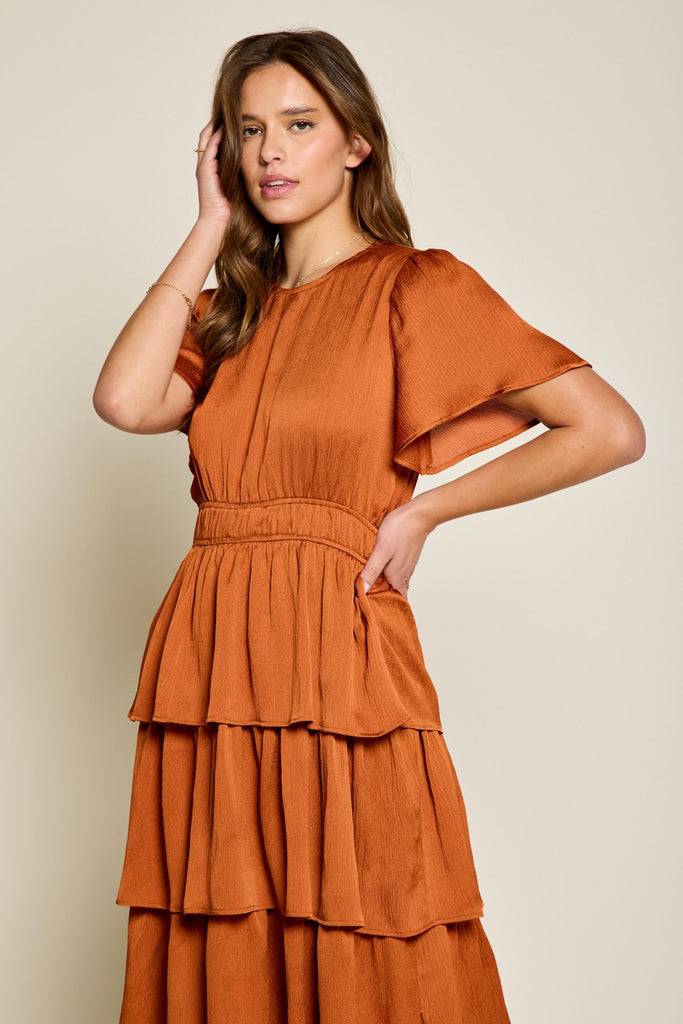 The Alice Tiered Midi Dress in Rust