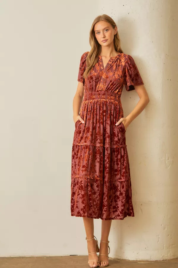 The Gracelyn Velvet Maxi Dress in Rust