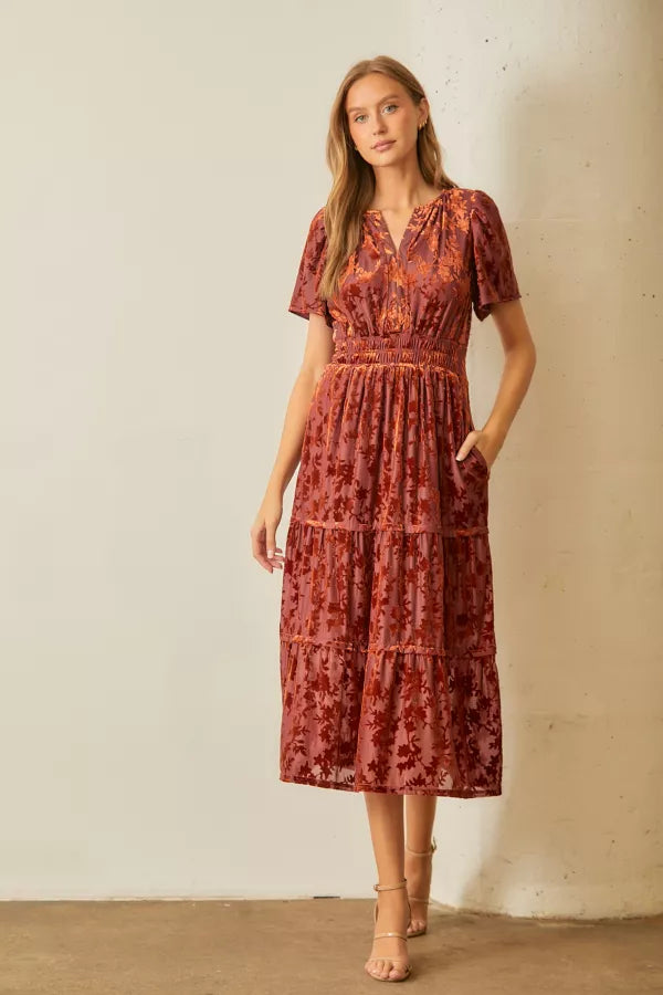 The Gracelyn Velvet Maxi Dress in Rust