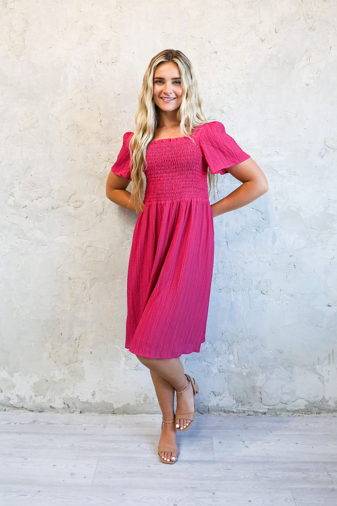 The Sage Midi Dress in Fuchsia Pink
