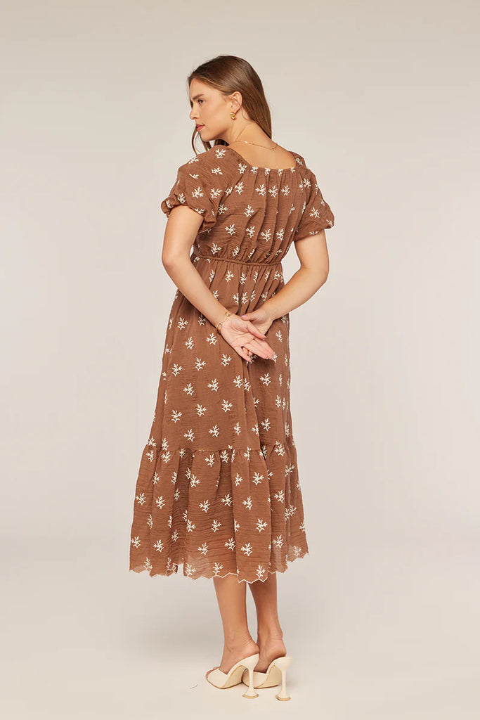 The Scout Embroidered Tiered Dress in Brown/Ivory