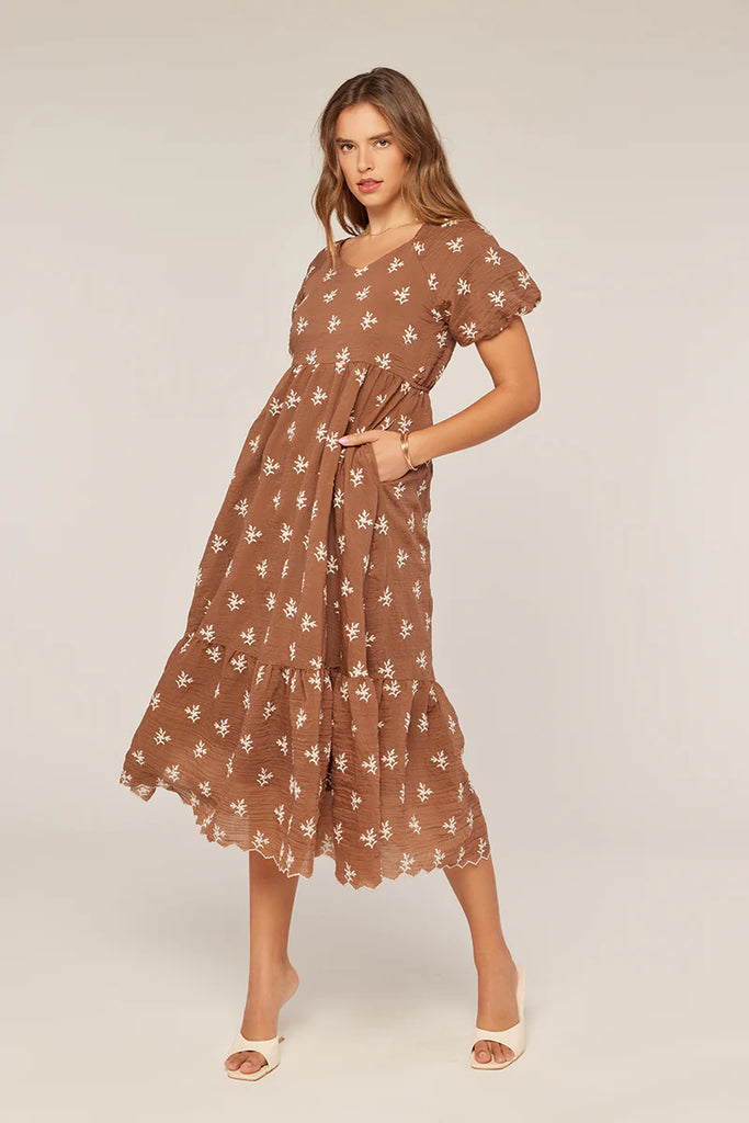 The Scout Embroidered Tiered Dress in Brown/Ivory Plus