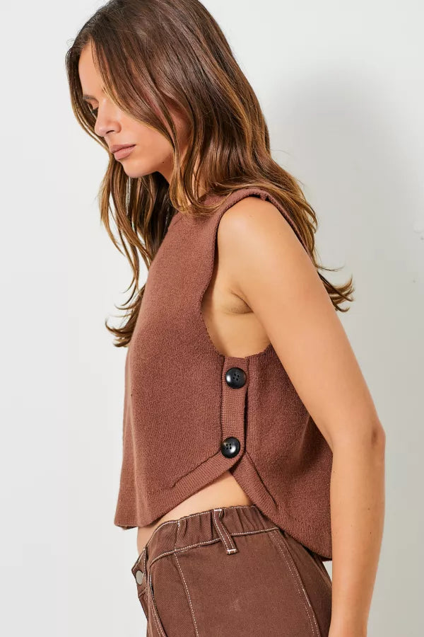 The Shay Vest with Side Buttons in Dark Brown