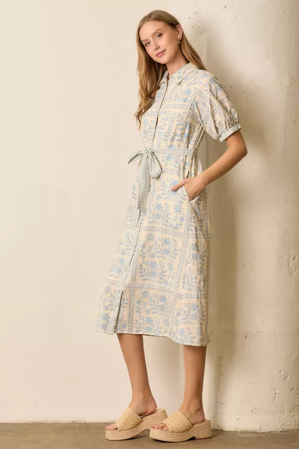 The Sienah Tie Strap Shirts Dress in Ivory/Blue