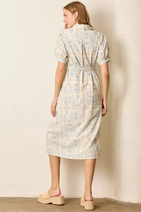 The Sienah Tie Strap Shirts Dress in Ivory/Blue