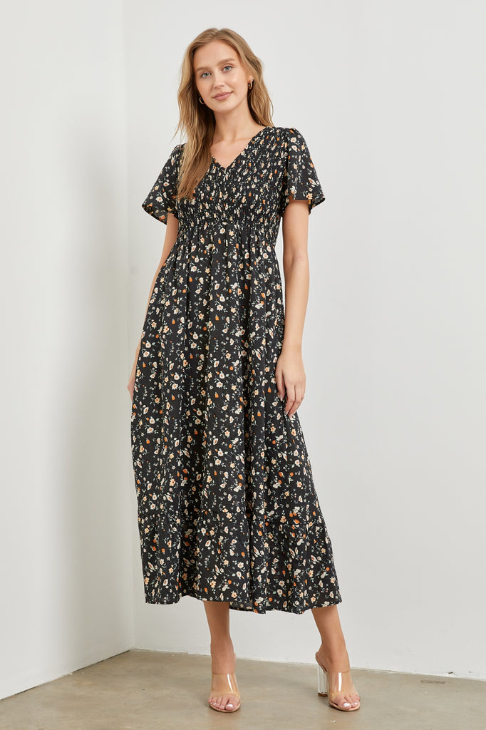 The Sienna Floral Smocked Maxi Dress in Black