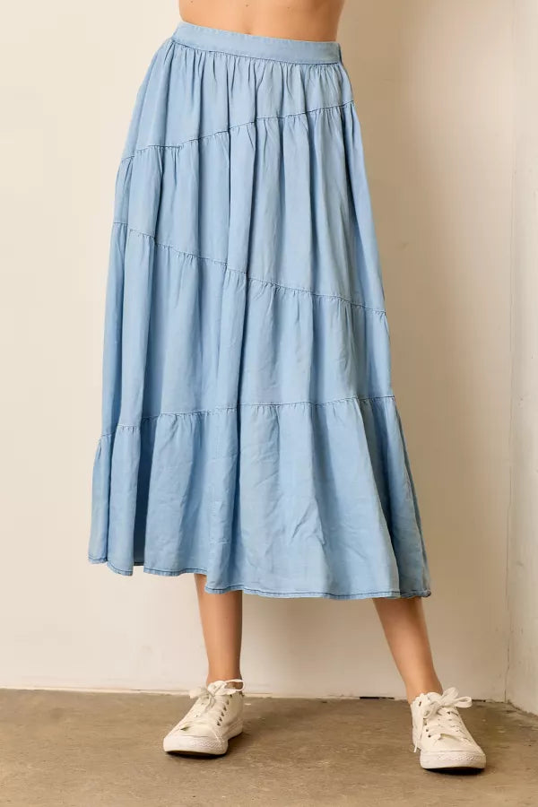 The Scarlett Tiered Midi Skirt in Denim