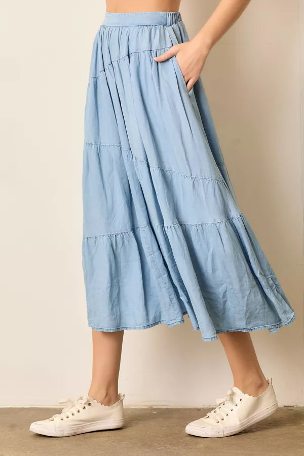 The Scarlett Tiered Midi Skirt in Denim