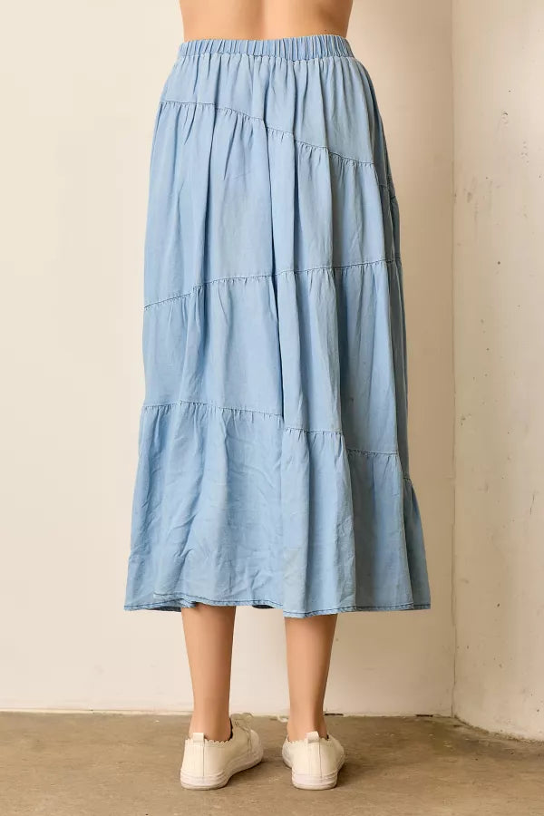 The Scarlett Tiered Midi Skirt in Denim