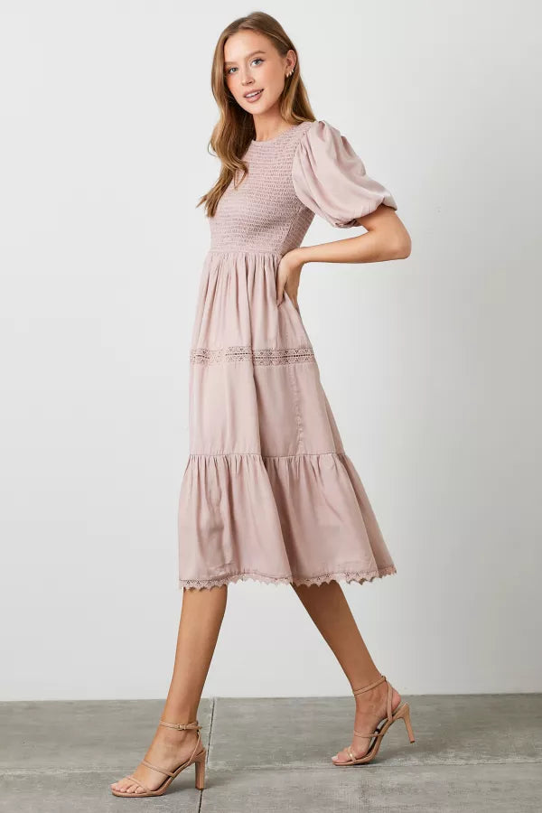 The Summer Smocked Midi Dress in Blush Pink