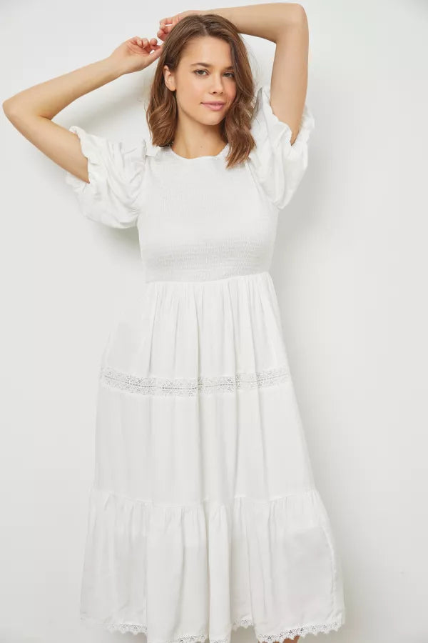 The Summer Smocked Midi Dress in Ivory