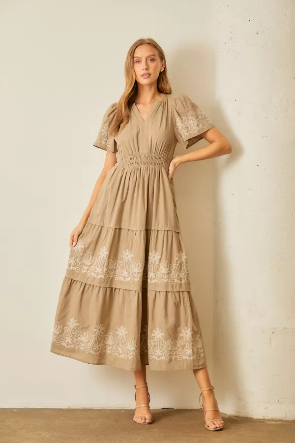 The Gracelyn Embroidered Maxi Dress in Taupe