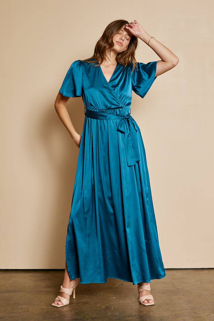 The Hailey Stretch Satin Maxi Dress in Deep Teal