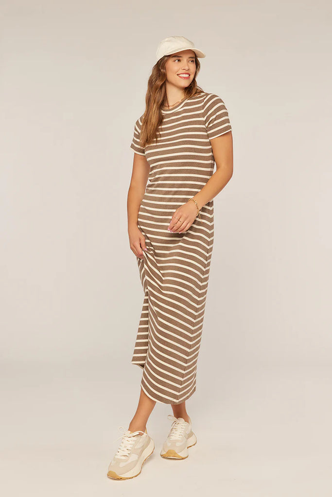 The Valerie Striped Midi Dress in Brown/Ivory