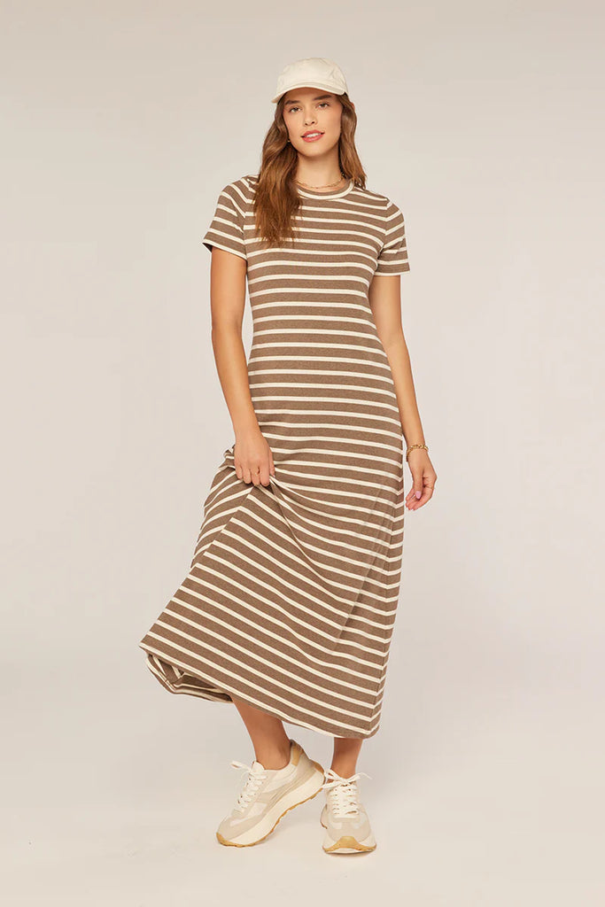 The Valerie Striped Midi Dress in Brown/Ivory