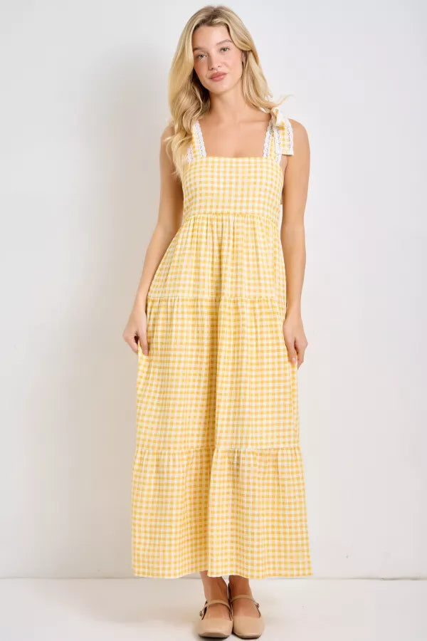 yellow gingham maxi dress The Raymie Gingham Tie Strap Maxi Dress in Yellow S
