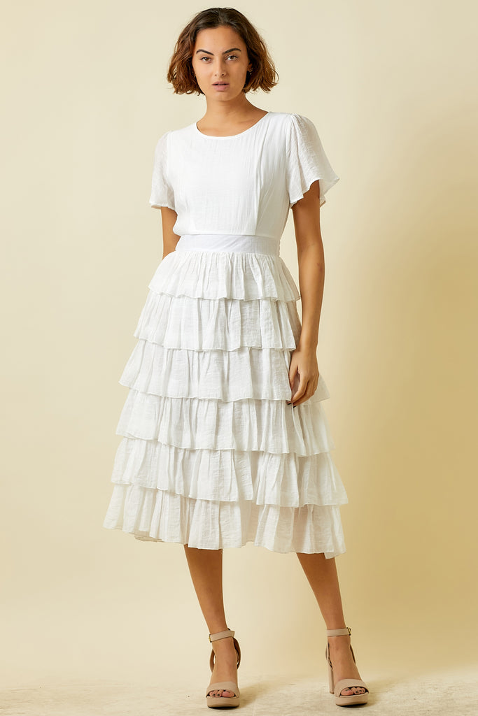 The Zuri Tiered Midi Dress in Off White