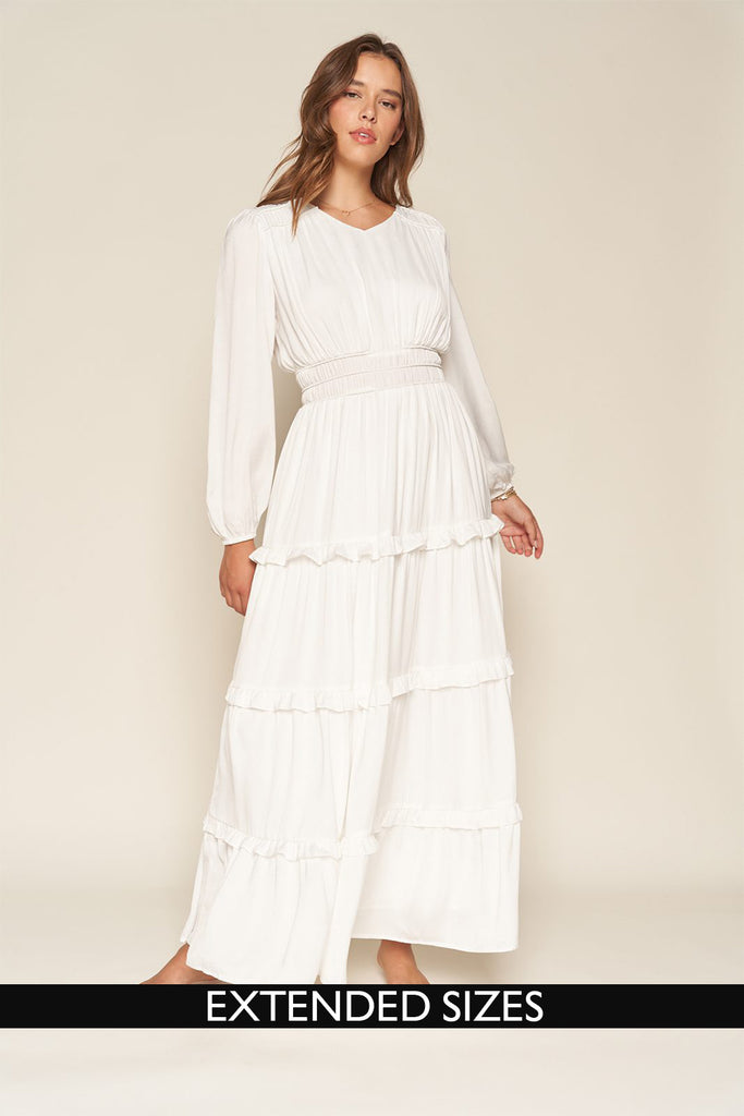 The Avery Satin Tiered Temple Dress in Creamy White