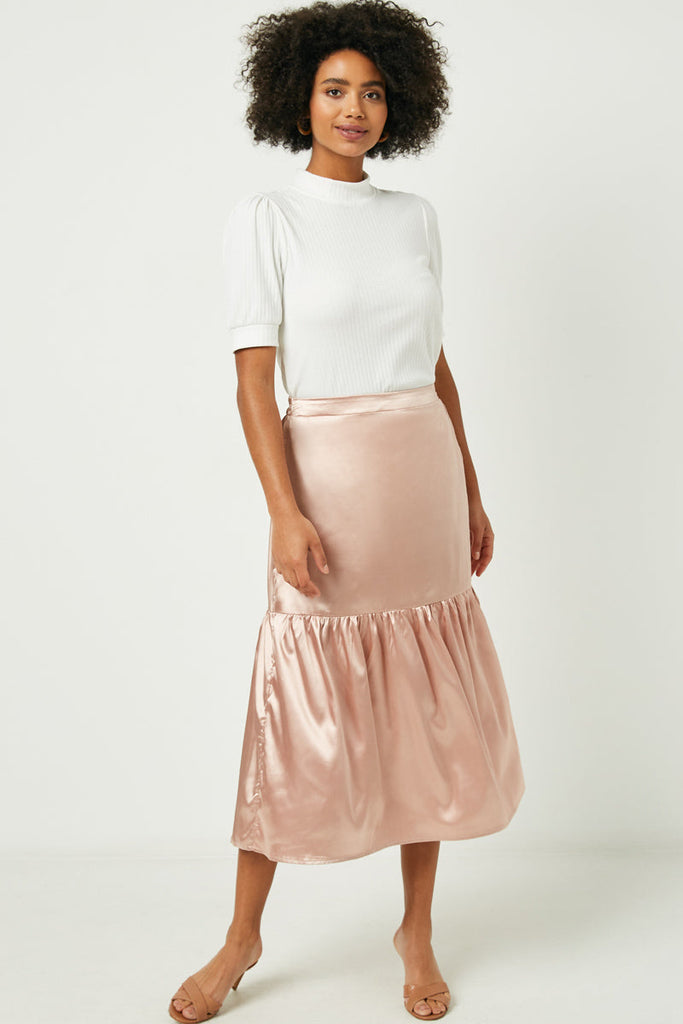 The Brigette Satin Tiered Midi Skirt in Blush