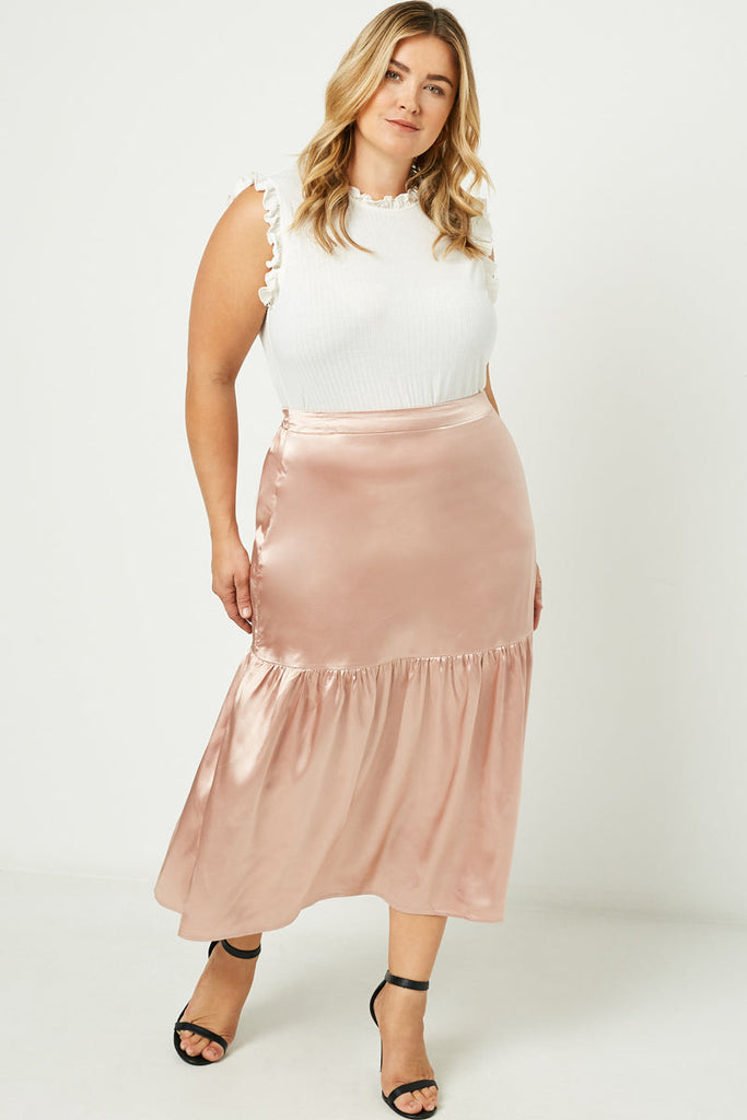 The Brigette Satin Tiered Midi Skirt in Blush Curvy