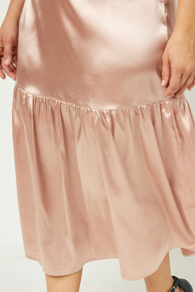 The Brigette Satin Tiered Midi Skirt in Blush Curvy