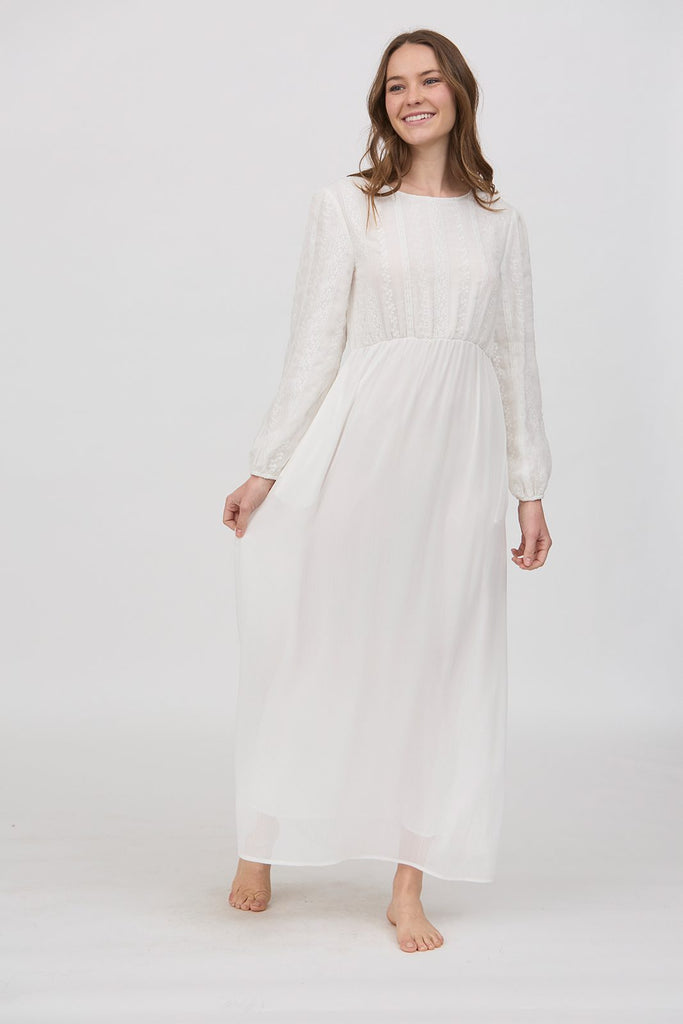 The Waverly Embroidered Temple Dress in Creamy White