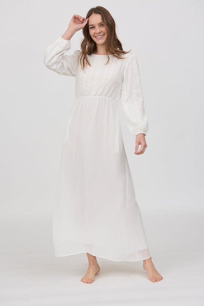The Waverly Embroidered Temple Dress in Creamy White