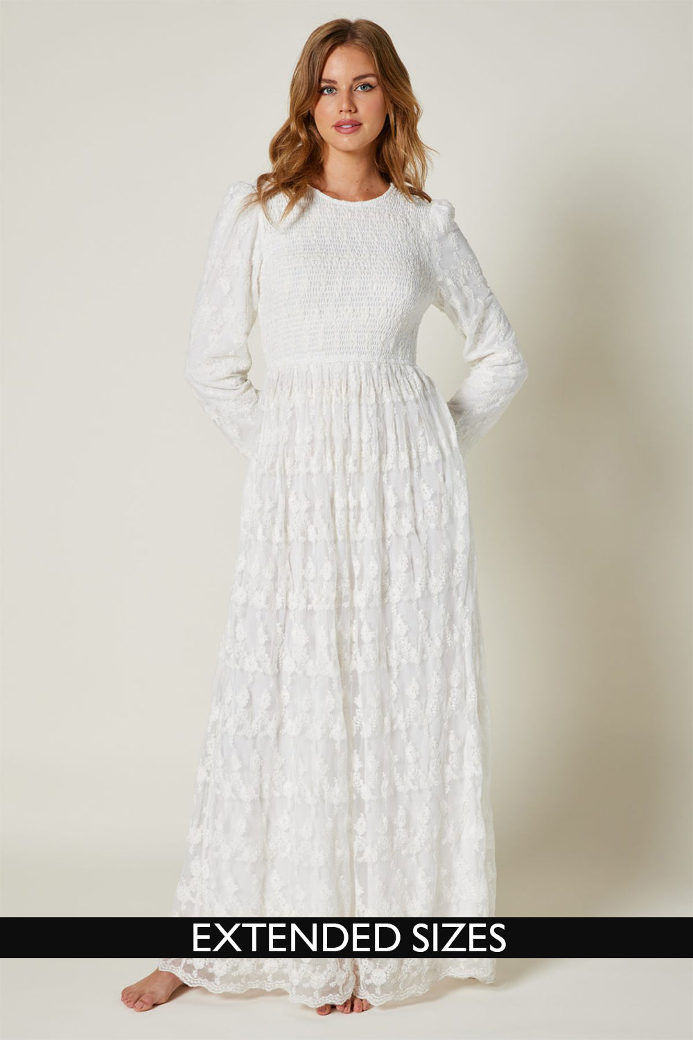 The Wren Smocked Lace Temple Dress in White XS The Wren Smocked Lace Temple Dress in White XS