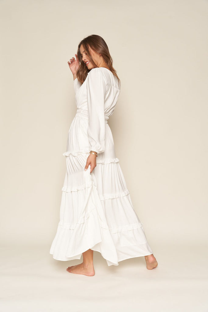The Avery Satin Tiered Temple Dress in Creamy White